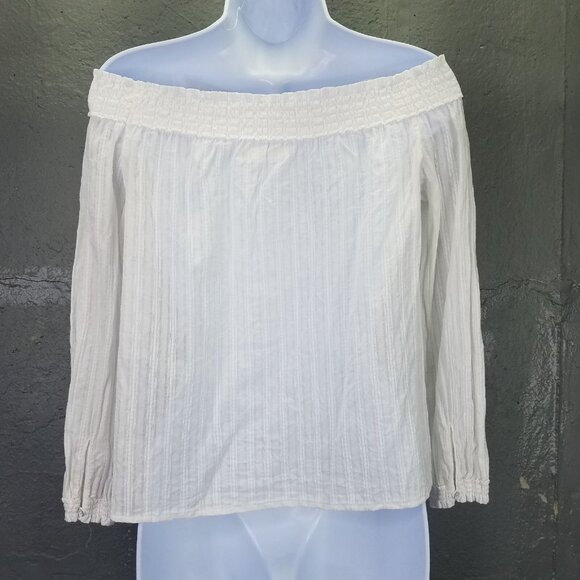 Rag & Bone Drew Blouse Women S Off Shoulder Smocked White Stripe Cotton Crop Top - Picture 2 of 15